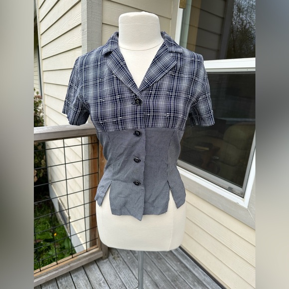 Vintage Pants - Vintage 2 Piece Mixed Navy and White Plaid Blouse and Pants Set Size S
